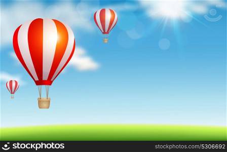 Background with red air balloons flying in the blue sky. Travel concept. Vector illustration.