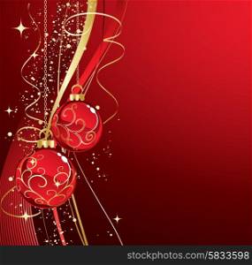 Background with red christmas baubles, Vector illustration.