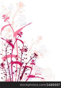 Background with red flowers,butterflies and grunge effect