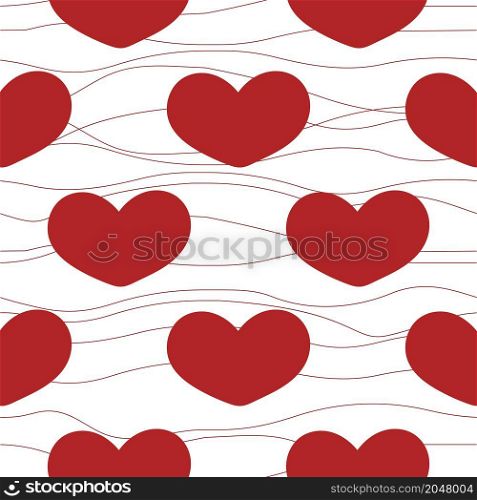Background with red hearts and thread vector illustration. Seamless pattern for valentine&rsquo;s day. Template for holiday packaging, fabric and design. Background with red hearts and thread vector illustration