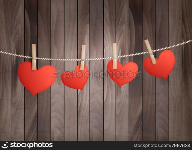 Background with red hearts on wooden texture. Valentine&rsquo;s day vector.