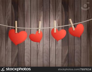 Background with red hearts on wooden texture. Valentine&rsquo;s day vector.