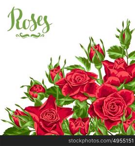 Background with red roses. Beautiful realistic flowers, buds and leaves. Background with red roses. Beautiful realistic flowers, buds and leaves.