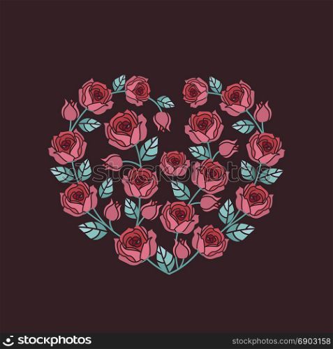 Background with red roses. Vector illustration Decorative frame with red roses on white background. Heart of roses