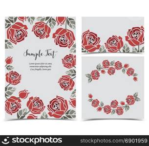 Background with red roses. Vector illustration of a background with red roses, decorative frame with roses and leaves. Set of greeting cards