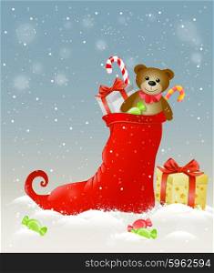 Background with red sock and Christmas gifts in snow