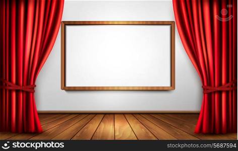 Background with red velvet curtain and a wooden floor. Vector illustration.