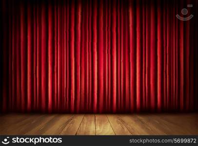 Background with red velvet curtain and a wooden floor. Vector illustration.
