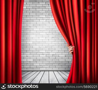 Background with red velvet curtain and hand. Vector.