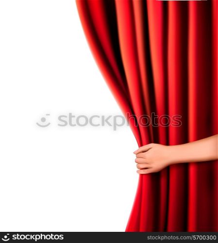 Background with red velvet curtain and hand. Vector illustration.