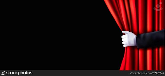 Background with red velvet curtain and hand. Vector illustration.