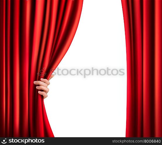 Background with red velvet curtain and hand. Vector illustration