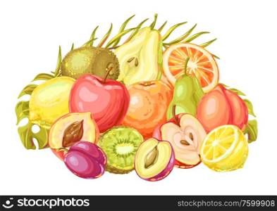 Background with ripe fruits and palm leaves. Tropical vegetarian food decorative illustration.