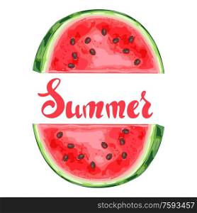 Background with ripe watermelon slice. Summer fruit decorative illustration.. Background with ripe watermelon slice.