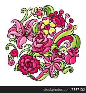 Background with roses and lilies. Beautiful decorative flowers, buds and leaves.. Background with roses and lilies.