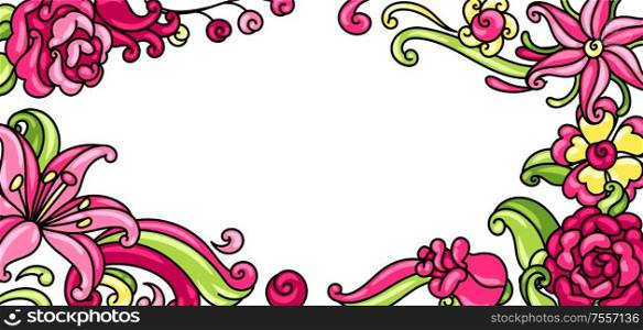 Background with roses and lilies. Beautiful decorative flowers, buds and leaves.. Background with roses and lilies.
