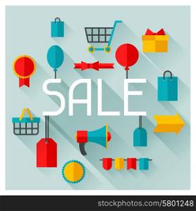 Background with sale and shopping icons in flat design style. Background with sale and shopping icons in flat design style.