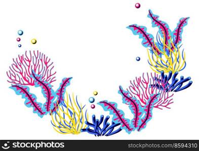 Background with sea algae and corals. Marine life aquarium and sea flora. Stylized image in bright colors.. Background with sea algae and corals. Marine life aquarium and sea flora.