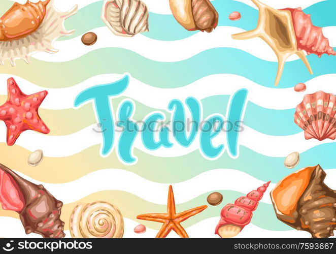 Background with seashells. Tropical underwater mollusk shells decorative illustration.. Background with seashells. Tropical underwater mollusk shells.