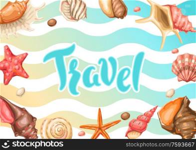 Background with seashells. Tropical underwater mollusk shells decorative illustration.. Background with seashells. Tropical underwater mollusk shells.