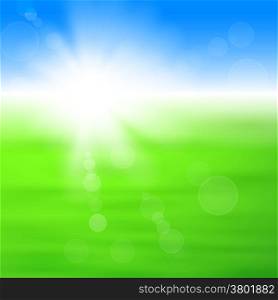 Background with shiny sun with flares over the green field