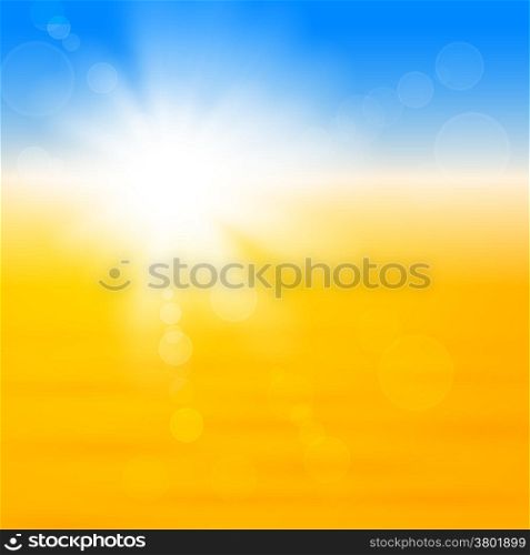 Background with shiny sun with flares over the sand