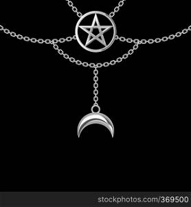 Background with silver metallic necklace. Pentagram pendant and chains. On black. Vector illustration.. Background with silver metallic necklace. Pentagram pendant and chains. On black. Vector illustration
