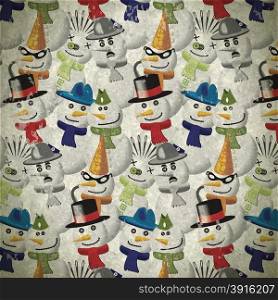 Background with snowmen in different outfits in vintage style