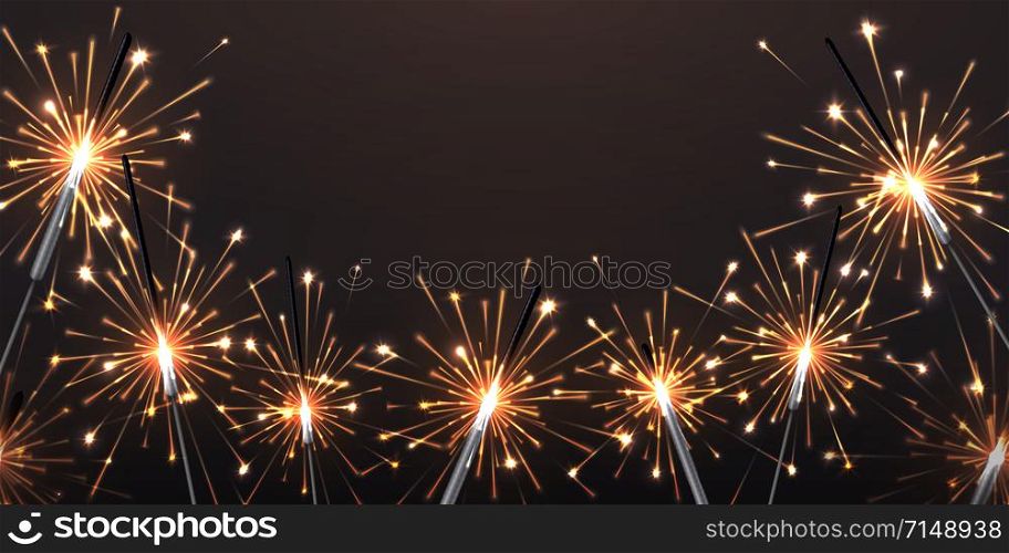 Background with sparklers. Birthday party Bengal lights, fireworks decorative elements for greeting cards. Vector Christmas beautiful yellow and white lights on night background for decoration party. Background with sparklers. Birthday party Bengal lights, fireworks decorative elements for greeting cards. Vector Christmas lights