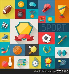 Background with sport icons in flat design style.