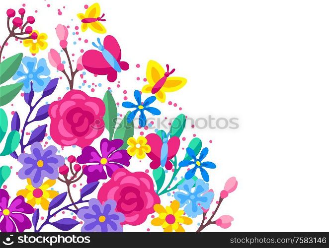 Background with spring flowers. Beautiful decorative natural plants, buds and leaves.. Background with spring flowers. Beautiful decorative natural plants.