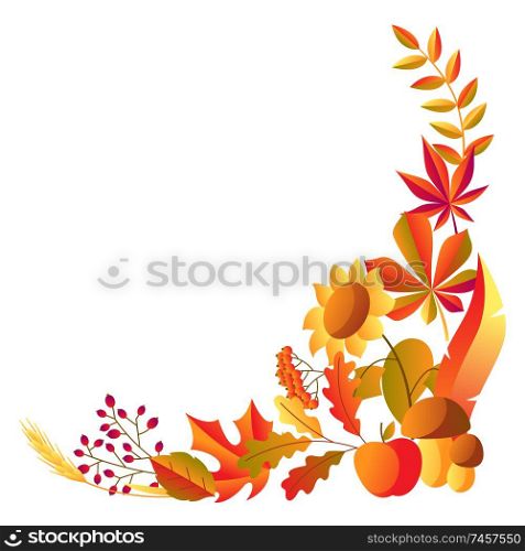 Background with stylized autumn items. Falling leaves, berries and plants.. Background with stylized autumn items.