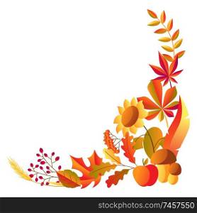 Background with stylized autumn items. Falling leaves, berries and plants.. Background with stylized autumn items.