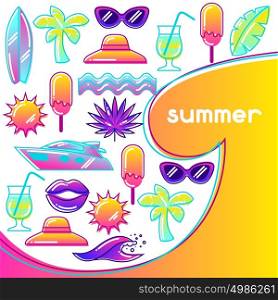 Background with stylized summer objects. Abstract illustration in vibrant color. Background with stylized summer objects. Abstract illustration in vibrant color.
