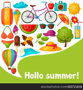 Background with stylized summer objects. Design for cards, covers, brochures and advertising booklets.