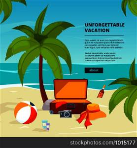 Background with suitcases. Travel illustrations in cartoon style. Summer tourism, suitcase on sand beach vector. Background with suitcases. Travel illustrations in cartoon style