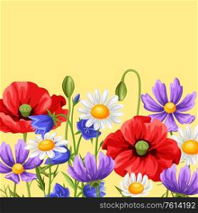 Background with summer flowers. Beautiful realistic poppies, daisies and bells.. Background with summer flowers.