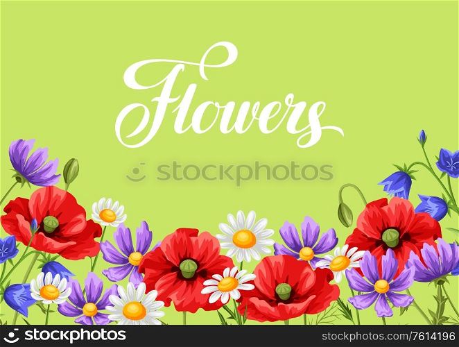 Background with summer flowers. Beautiful realistic poppies, daisies and bells.. Background with summer flowers.