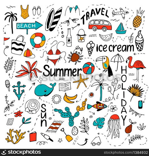 Background with summer set of isolated cute colorful and black white images in doodle style and text lettering for design. Line art illustration with things for beach and holiday. Vector.. Background with summer set of isolated cute colorful and black w