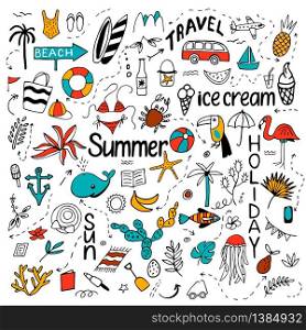 Background with summer set of isolated cute colorful and black white images in doodle style and text lettering for design. Line art illustration with things for beach and holiday. Vector.. Background with summer set of isolated cute colorful and black w