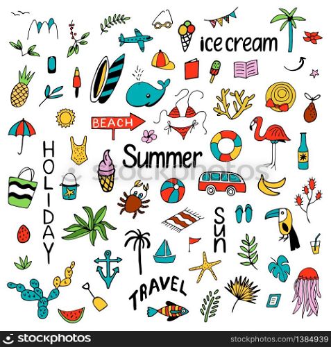 Background with summer set of isolated cute colorful images in doodle style and text lettering for design. Line art illustration with things for beach and holiday. Vector.