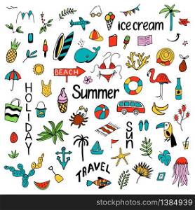 Background with summer set of isolated cute colorful images in doodle style and text lettering for design. Line art illustration with things for beach and holiday. Vector.