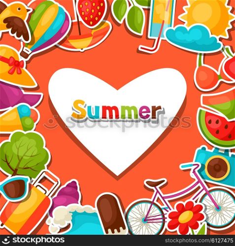 Background with summer stickers. Design for cards, covers, brochures and advertising booklets.