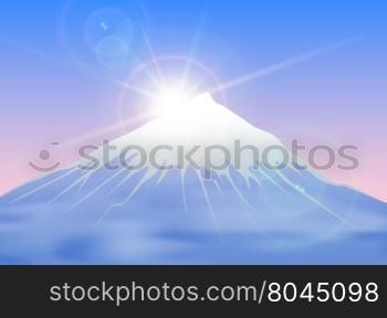 Background with sunrise in mountains in the fog.