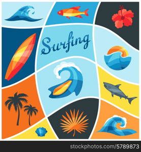 Background with surfing design elements and objects.. Background with surfing design elements and objects