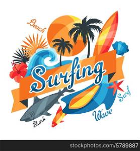 Background with surfing design elements and objects.. Background with surfing design elements and objects