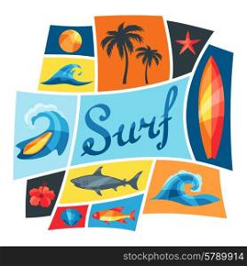Background with surfing design elements and objects.. Background with surfing design elements and objects