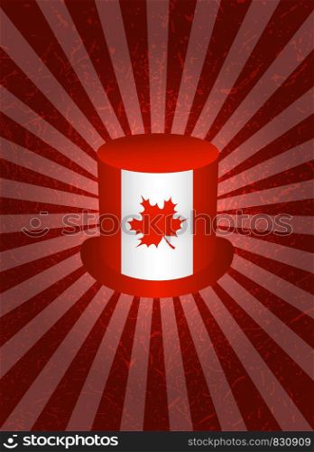 Background with symbols of Canada. Top Hat. Symbolic flag of Canada with maple leaf. Red background with center rays, grunge texture. Background with symbols of Canada. Top Hat. Symbolic flag of Canada with maple leaf. Red background with center rays, grunge texture..