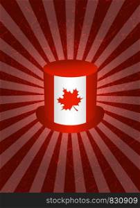 Background with symbols of Canada. Top Hat. Symbolic flag of Canada with maple leaf. Red background with center rays, grunge texture. Background with symbols of Canada. Top Hat. Symbolic flag of Canada with maple leaf. Red background with center rays, grunge texture..