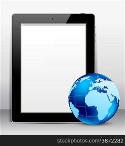 Background with tablet pc and blue globe